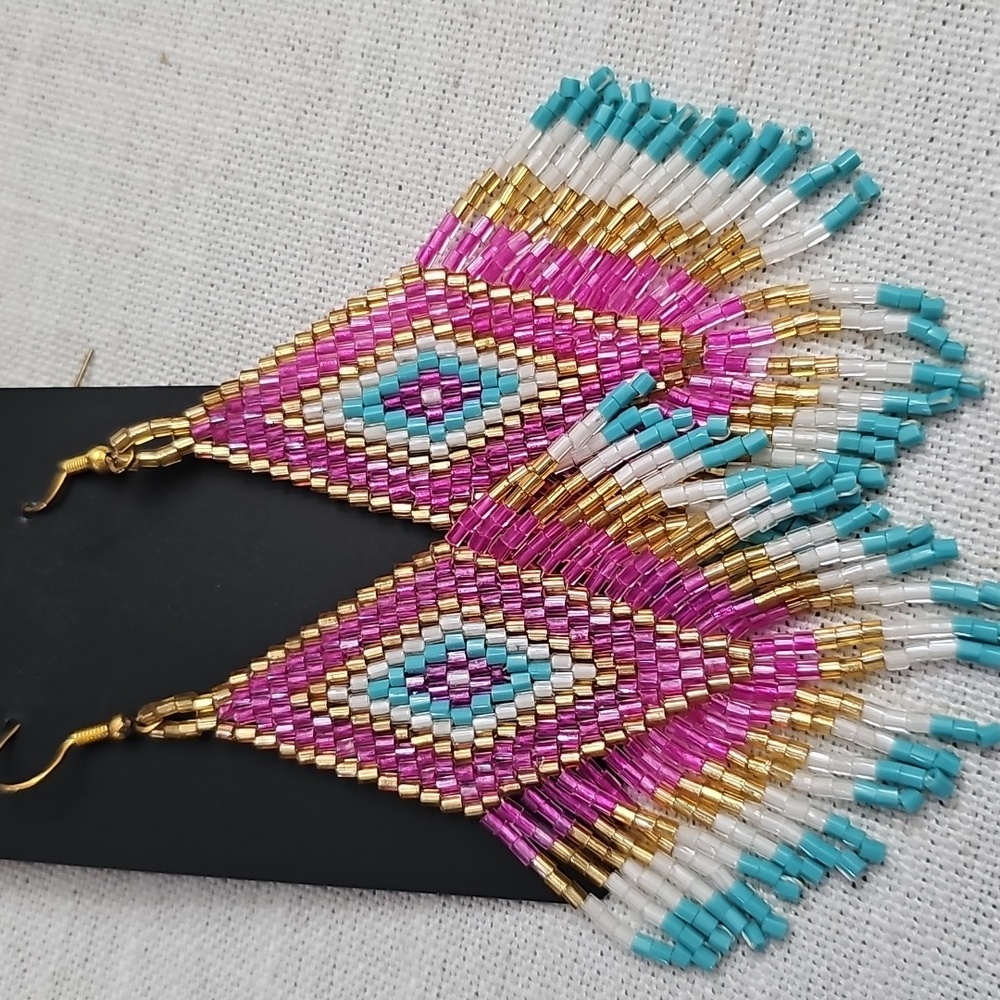 Colorful Boho Chic Beaded Native American Dangle Fringe Earrings 4 Inch NWOT - Picture 11 of 11